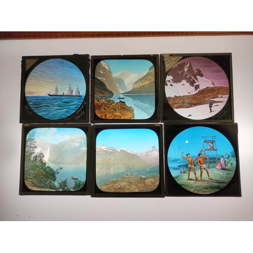 79 - Box of approx 85 mixed monochrome & colour glass slides many by Newton & Co, comprising of c... 