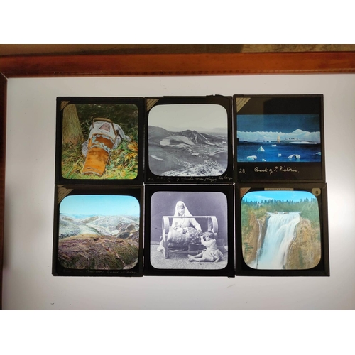 79 - Box of approx 85 mixed monochrome & colour glass slides many by Newton & Co, comprising of c... 