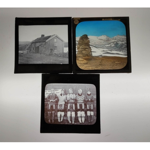 79 - Box of approx 85 mixed monochrome & colour glass slides many by Newton & Co, comprising of c... 