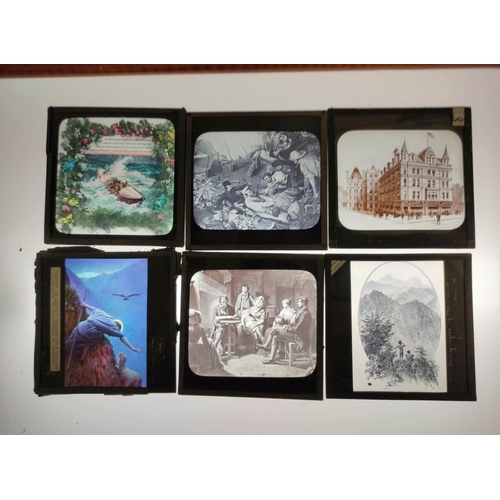 80 - Two boxes of approx 119 mixed monochrome & colour glass slides many by Newton & Co, comprisi... 