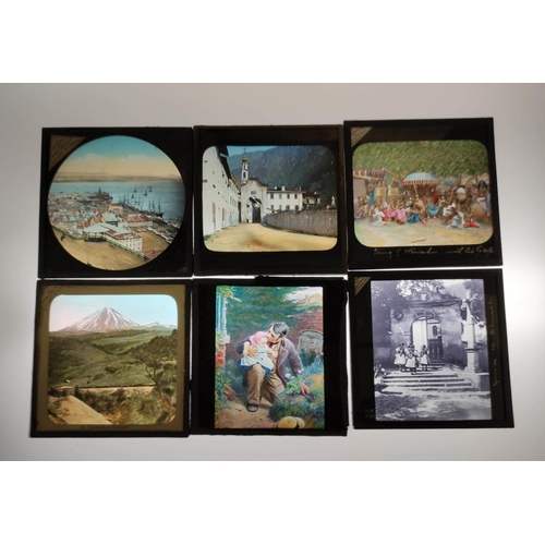 81 - Two boxes of approx 100 mixed monochrome & colour glass slides many by Newton & Co, comprisi... 