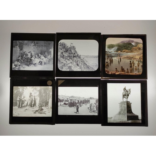 81 - Two boxes of approx 100 mixed monochrome & colour glass slides many by Newton & Co, comprisi... 