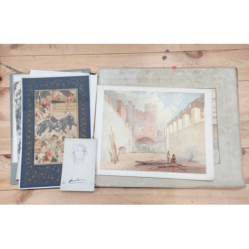 75 - Group of mixed format sketches including a watercolour of the Great Hall Naworth, by a follower of M... 