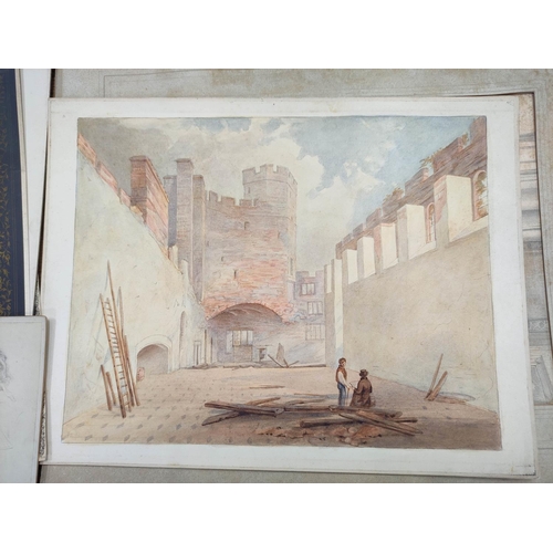 75 - Group of mixed format sketches including a watercolour of the Great Hall Naworth, by a follower of M... 