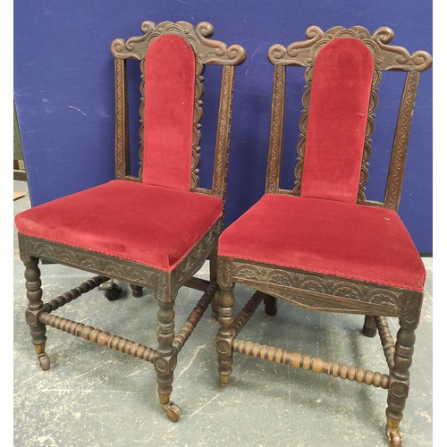 388 - Set of ten 19th century dark oak carved dining chairs with scrolled top rails, pierced padded backs,... 