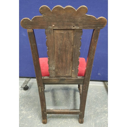 388 - Set of ten 19th century dark oak carved dining chairs with scrolled top rails, pierced padded backs,... 