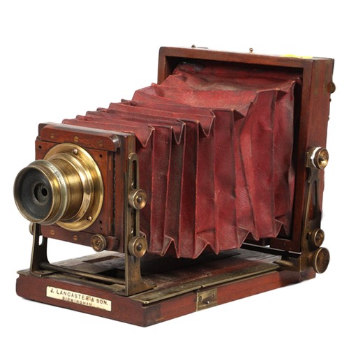 19th / early 20th century mahogany and brass plate camera; 'The Special Instantograph'; bearing plaque for J. Lancaster & Sons; Birmingham