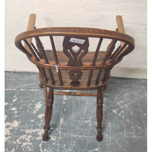 408 - Ladies ash Windsor chair, the hoop frame and pierced splat on turned supports united by turned under... 