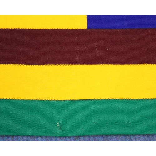 379 - Modern African stitched strip woven cloth in polychrome and metallic threads with geometric pattern.