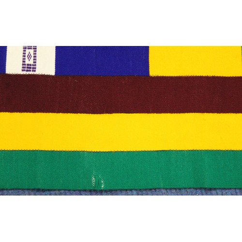 379 - Modern African stitched strip woven cloth in polychrome and metallic threads with geometric pattern.