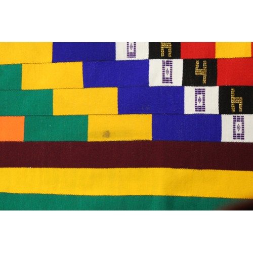 379 - Modern African stitched strip woven cloth in polychrome and metallic threads with geometric pattern.