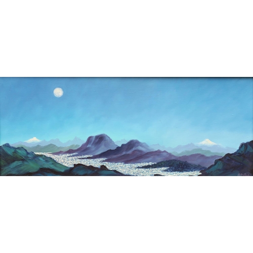 584 - M ONATE, moonlit mountain tops, oil on canvas, signed and dated '89 lower right, 23.5cm x 58.5cm, fr... 