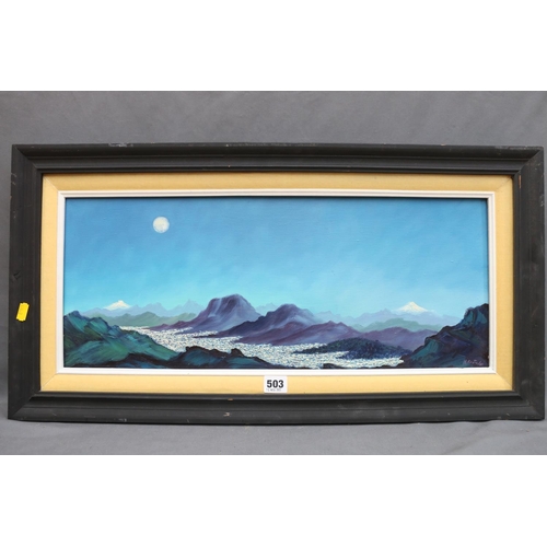 584 - M ONATE, moonlit mountain tops, oil on canvas, signed and dated '89 lower right, 23.5cm x 58.5cm, fr... 