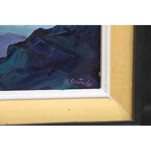 584 - M ONATE, moonlit mountain tops, oil on canvas, signed and dated '89 lower right, 23.5cm x 58.5cm, fr... 