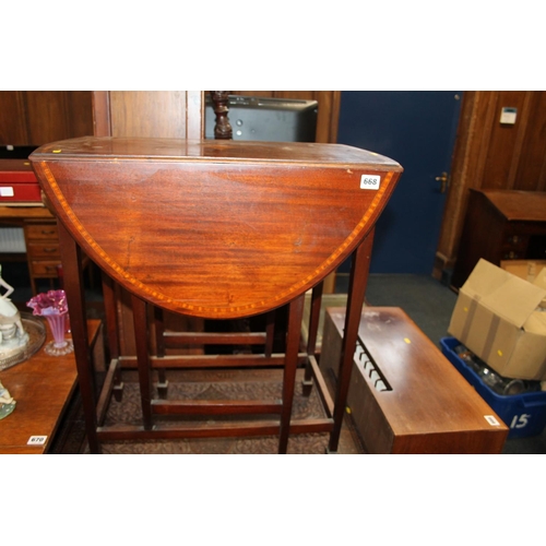 668 - Victorian mahogany and inlaid drop leaf occasional with single side drawer, 68cm tall.