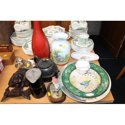137 - Ceramics, a carved wood bust, silver-plated condiment tea strainers, etc.