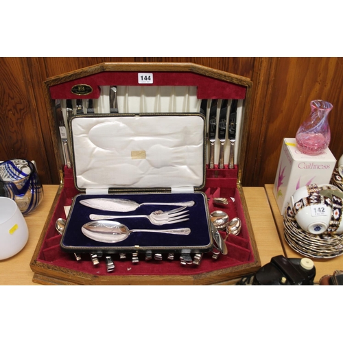 144 - Thomas Turner & Co. of Sheffield canteen of cutlery, and a three piece silver-plated serving set... 