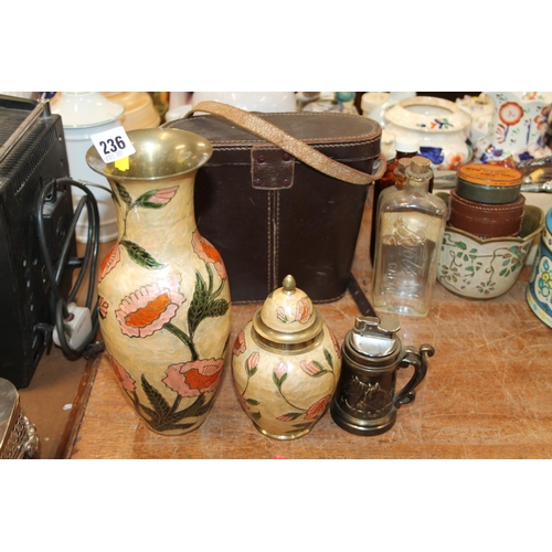 236 - Two brass floral decorated vases and a horse decorated lighter.