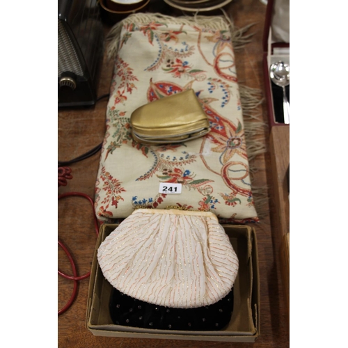 241 - Floral decorated throw, a pair of shoes, a lady's evening bag, etc.