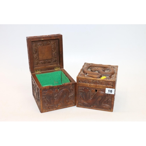 10 - Pair of carved dragon decorated oriental boxes. 13cm.
