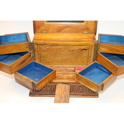 7 - Carved treen jewellery box bearing 'Work of Jerusalem' carved to the front. 18cm.
