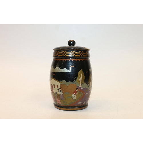 84 - Folk art lacquered treen jar and cover, 13cm.
