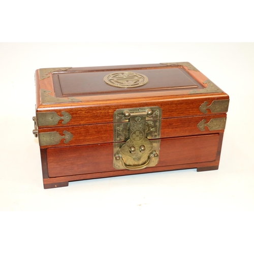 9 - Oriental brass bound hinge top box with single drawer. 30cm wide.