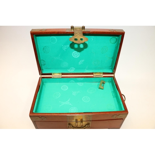 9 - Oriental brass bound hinge top box with single drawer. 30cm wide.