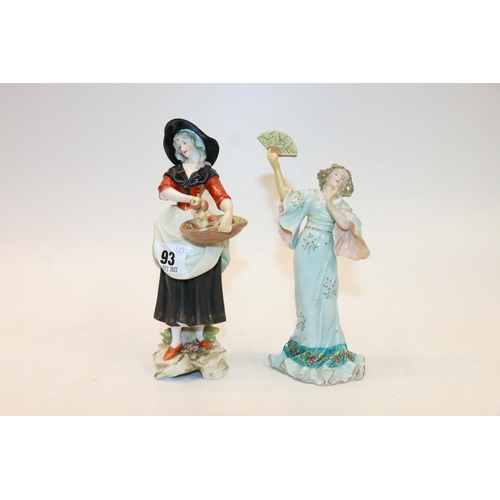 93 - Meissen figurine of a girl carrying a basket of apples and a continental porcelain figurine of a gir... 