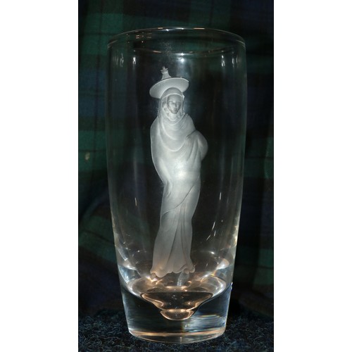 52 - Steuben glass vase with etched water carrier decoration. 16cm.