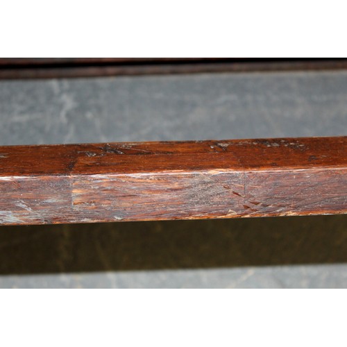 404 - 17th century style oak refectory table, with fixed plank top, above a carved frieze, raised on turne... 