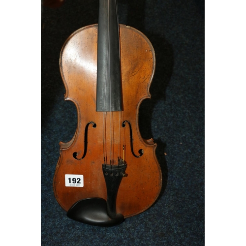 192 - Cased antique violin and bow.