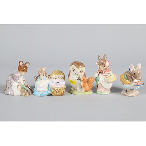 38 - Five Beatrix Potter porcelain figures; Old Mr. Brown; Mrs. Rabbit; Hunca Munca Sweeping (Beswick); &... 