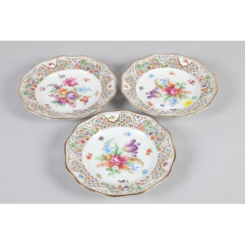 48 - Pair of early 20th century Dresden porcelain plates; decorated with flower; marks verso; 23cm diamet... 