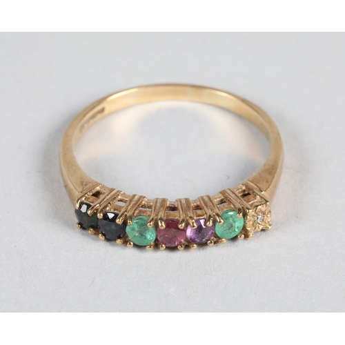 68 - 9 carat yellow gold and seven stone set ring; set with sapphire; amethyst and others; ring size Q; 2... 