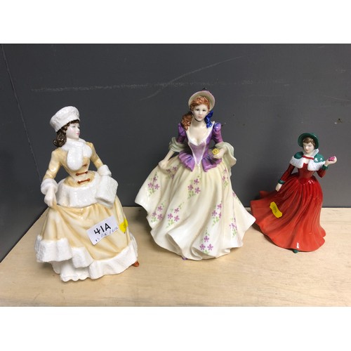 41A - Three Royal Doulton porcelain figures; Natasha HN4154; Winters Day HN4589 & Sweet Lilac HN3972 (... 