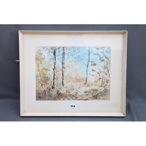 112 - EDWARD GRIEG HALL, Birch Woodland Above Easedale, watercolour, M DUNDAS, still life vase of flowers,... 