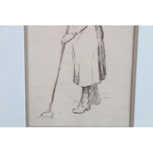 166 - 20TH CENTURY SCHOOL, Dutch? farming girl with hoe, charcoal sketch, unsigned, and two GEORGE TR... 