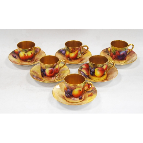 232 - Royal Worcester six-place coffee set comprising six gilded coffee cans decorated by Horace Price wit... 