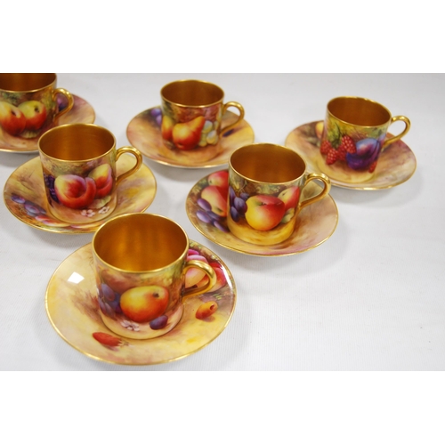 232 - Royal Worcester six-place coffee set comprising six gilded coffee cans decorated by Horace Price wit... 