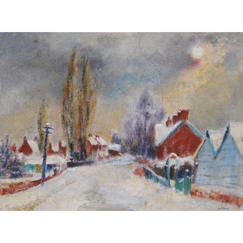 297 - Cyril Wilson (Scottish, 1911 - 2003)Village under snowSigned, oil on canvas, 28.5cm x 39cm.  ARRInsc... 