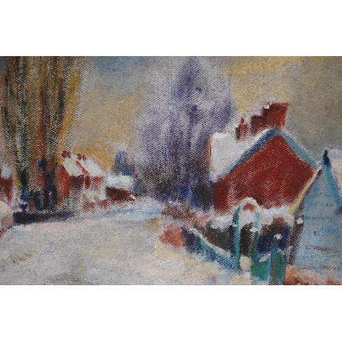 297 - Cyril Wilson (Scottish, 1911 - 2003)Village under snowSigned, oil on canvas, 28.5cm x 39cm.  ARRInsc... 