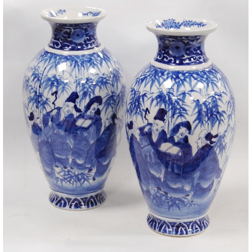 278 - Pair of Delft-style blue and white vases in the Japanese taste, decorated with figures in foliage, u... 