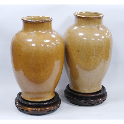 169 - Pair of Chinese Qianlong revival earthenware vases, crackle glazed in muted colours, 31cm high, on h... 