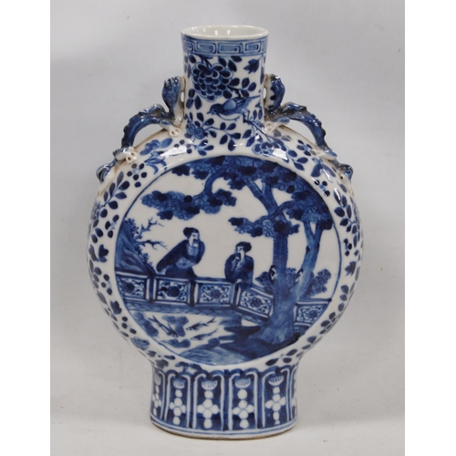 170 - Chinese blue and white Kangxi-style flask with central panel bearing figures in a garden scene in al... 