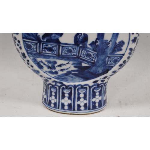 170 - Chinese blue and white Kangxi-style flask with central panel bearing figures in a garden scene in al... 