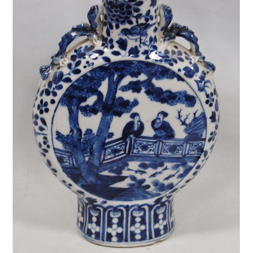 170 - Chinese blue and white Kangxi-style flask with central panel bearing figures in a garden scene in al... 