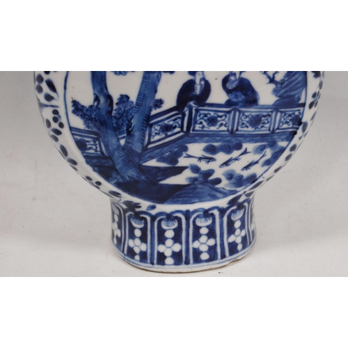 170 - Chinese blue and white Kangxi-style flask with central panel bearing figures in a garden scene in al... 