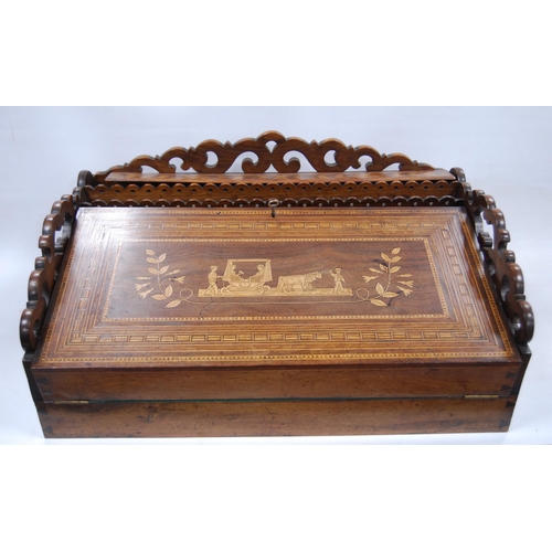 176 - 19th Century Italian Sorrento ware writing slope with pierced scroll gallery above a fall front deco... 