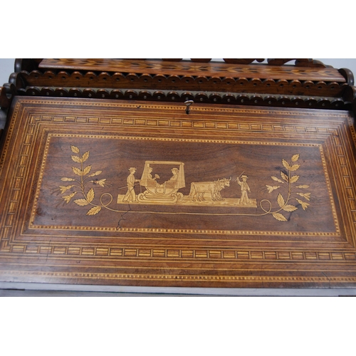 176 - 19th Century Italian Sorrento ware writing slope with pierced scroll gallery above a fall front deco... 